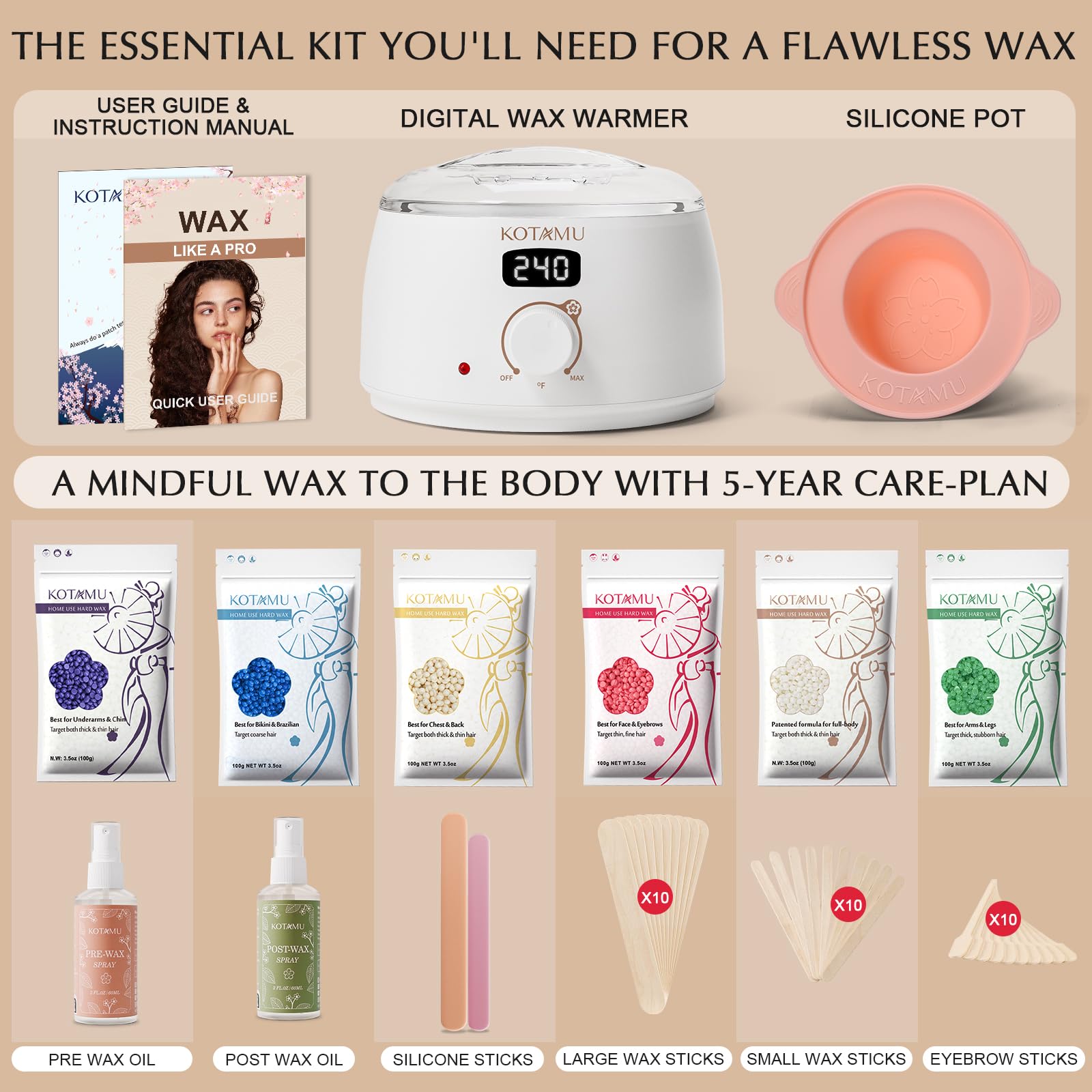 KOTAMU Waxing Kit for Women & Men, White Wax Kit for Hair Removal, Digital Waxing Pot for Thick Coarse Fine Fuzzy Hair & Sensitive Skin, Wax Warmer for Home Salon Use