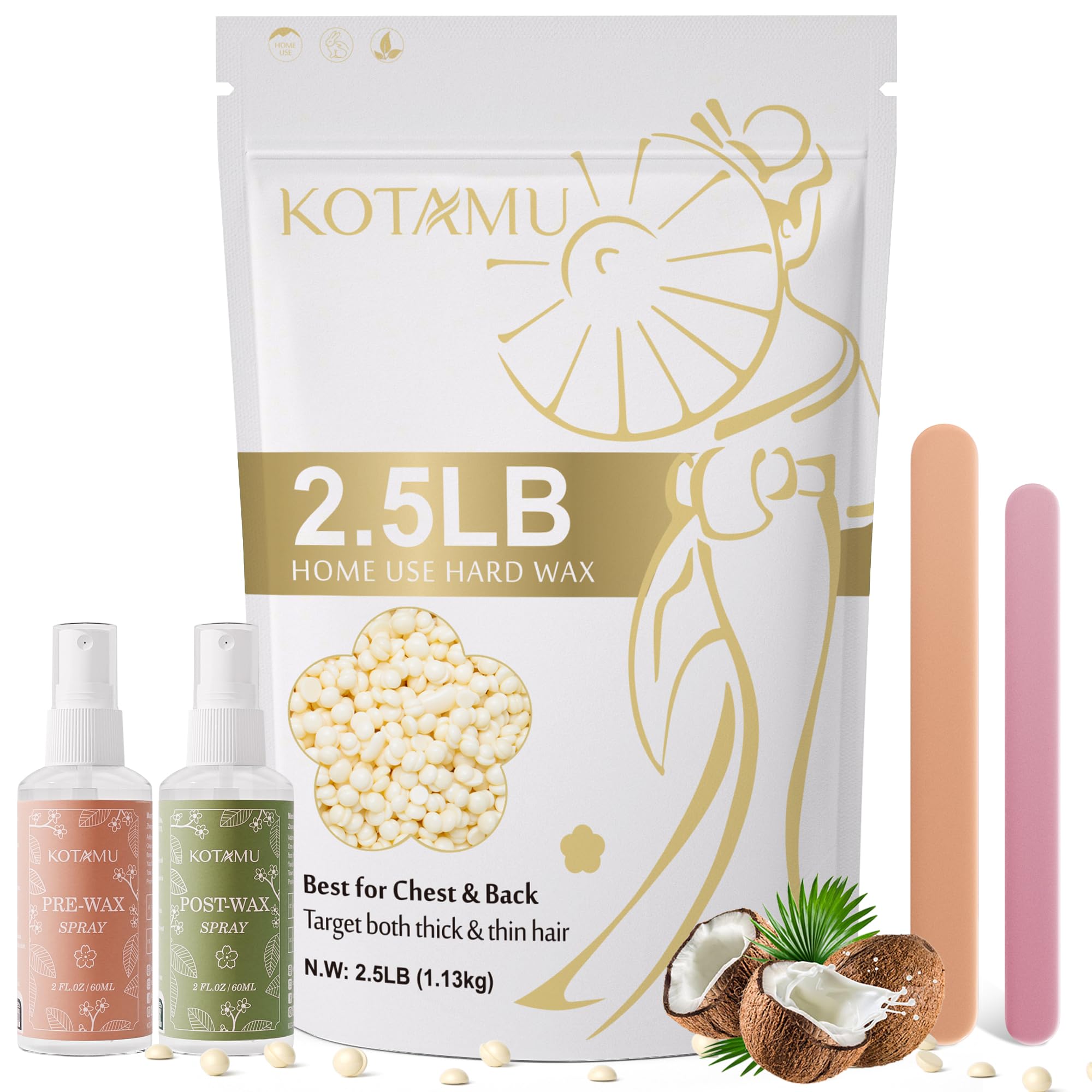 KOTAMU Hard Wax Beads for Women & Men Hair Removal, Cream Wax Beans for Full Body Sensitive Skin Chest Back Leg Facial Bikini Brazilian Waxing, 2.5lb Refill Waxing Beads Target Thick & Thin Hair