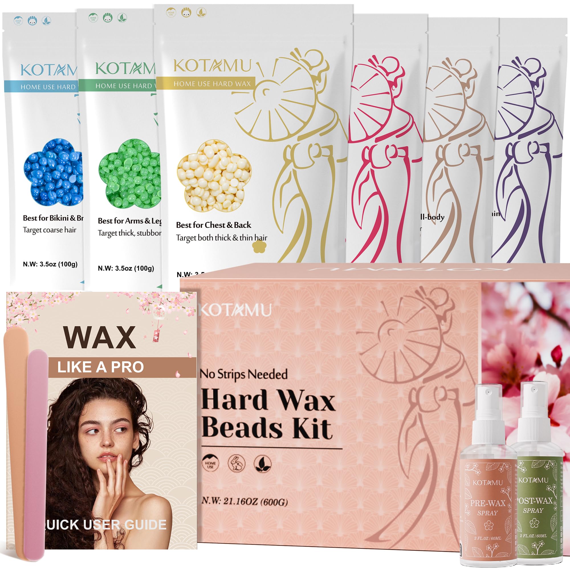 KOTAMU Hard Wax Beads, 6 Packs Waxing Beads for Hair Removal- Facial Bikini Brazilian Leg Sensitive Skin Full Body- Stripless Wax Beans Kit for Coarse & Fine Hair, Ideal for Women Men Home Salon Use