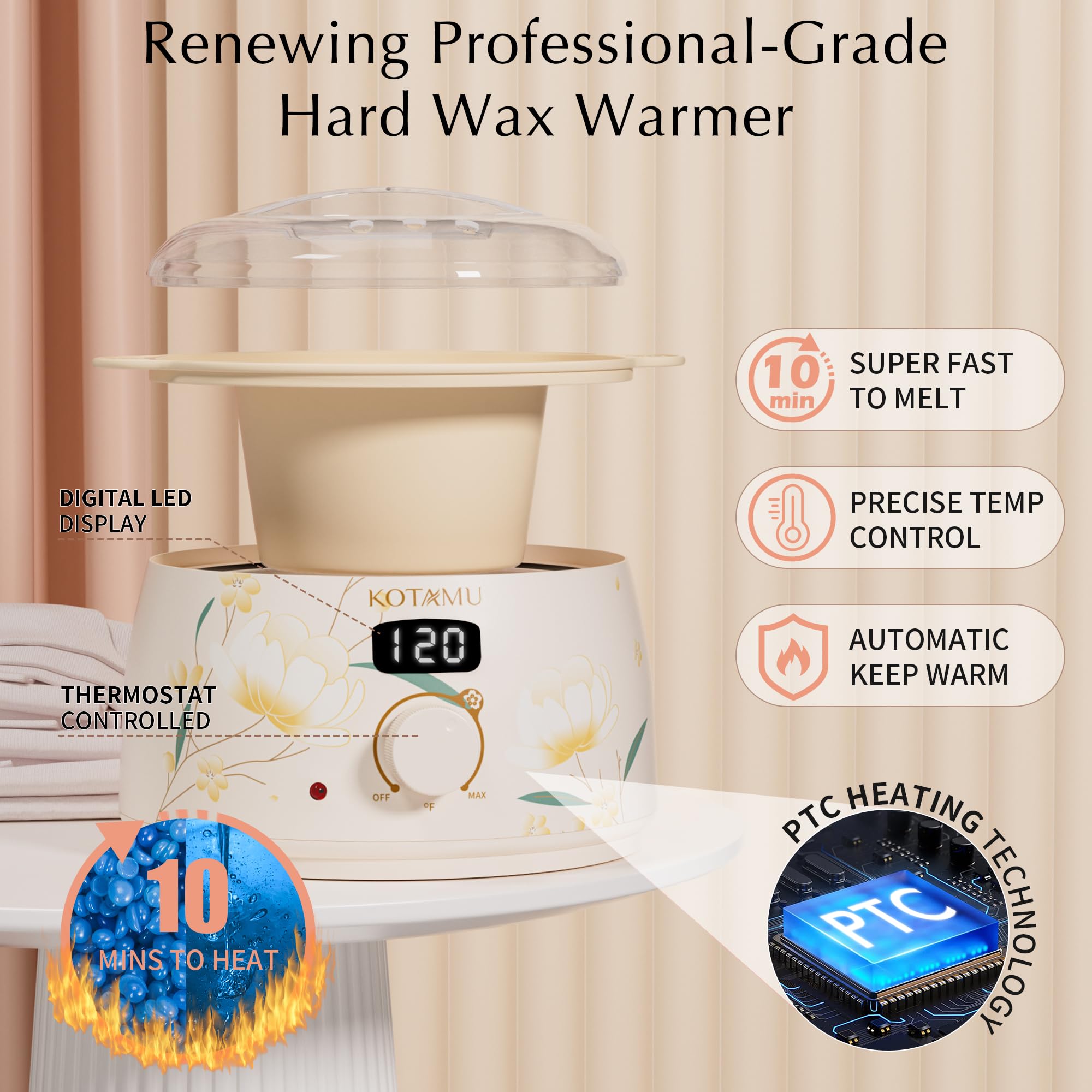 KOTAMU Waxing Kit for Women & Men, Wax Warmer for Hair Removal, Digital Wax Kit with Silicone Pot，Ideal for Face Eyebrow Arm Legs Armpit &Sensitive Skin, Bloomy Waxing Machine for Home Salon Use