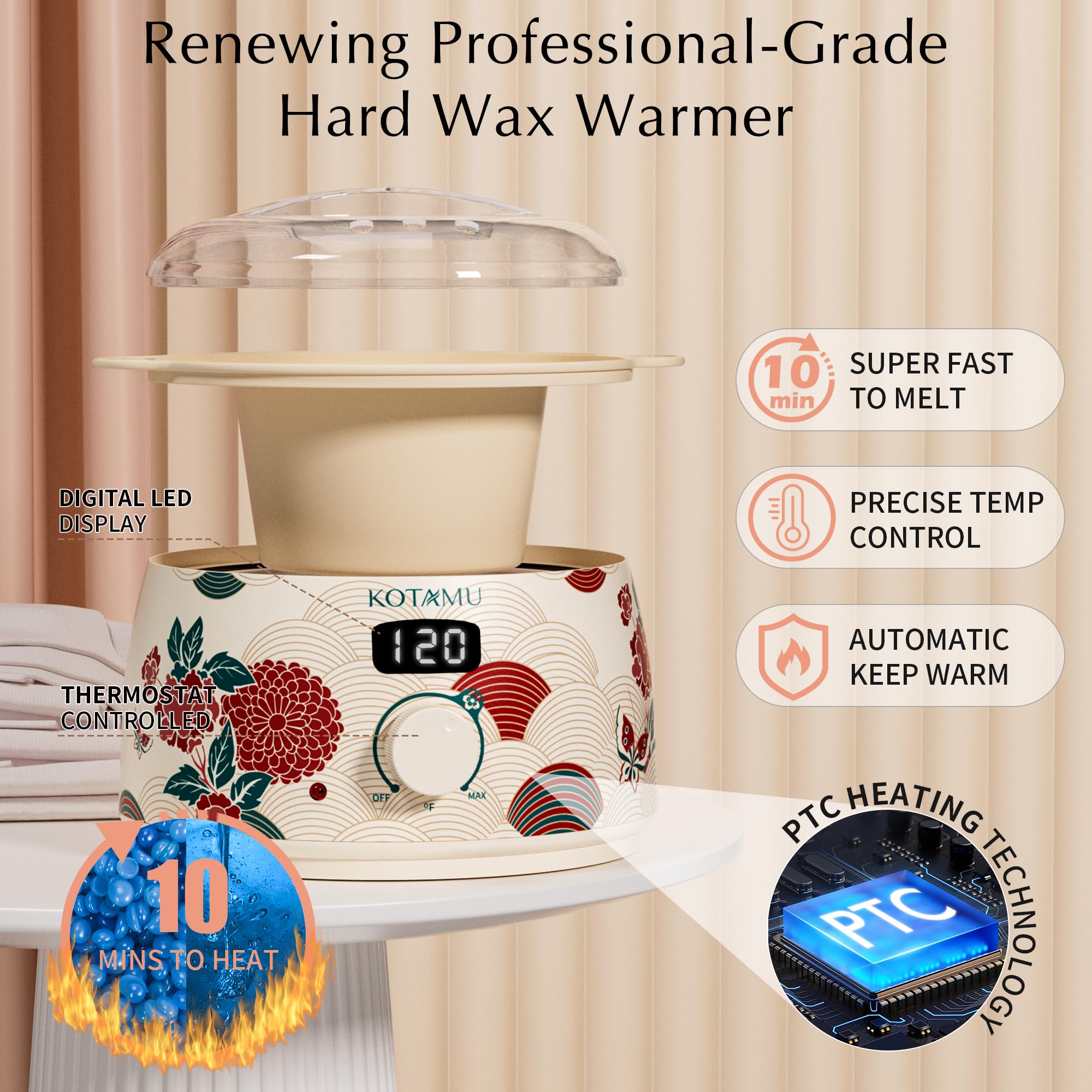 KOTAMU Waxing Kit for Women & Men, Wax Warmer for Hair Removal, Digital Wax Kit with Silicone Pot，Ideal for Face Eyebrow Arm Legs Armpit &Sensitive Skin, Lucum Waxing Machine for Home Salon Use