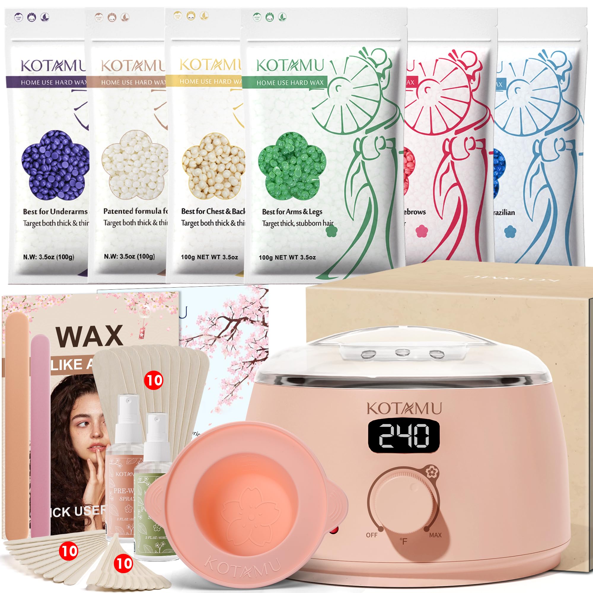 KOTAMU Wax Warmer, Waxing Kit for Women Men Hair Removal, Digital Waxing Machine for Face Eyebrow Bikini Brazilian Leg Body &Sensitive Skin, Pink Wax Kit With 44 Accessories for Home Salon Use