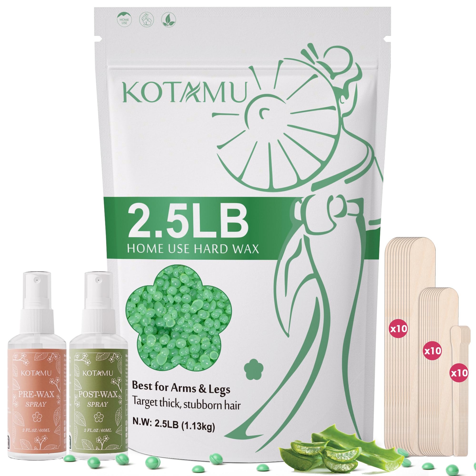KOTAMU Waxing Beads for Women & Men, 2.5lb Hard Wax Beads for Hair Removal, Aloe Vera Wax Beans Bulk with 30 Wax Sticks Suitable for Sensitive Skin,Arm,Leg,Thick,Stubborn Hair,Home & Salon Waxing