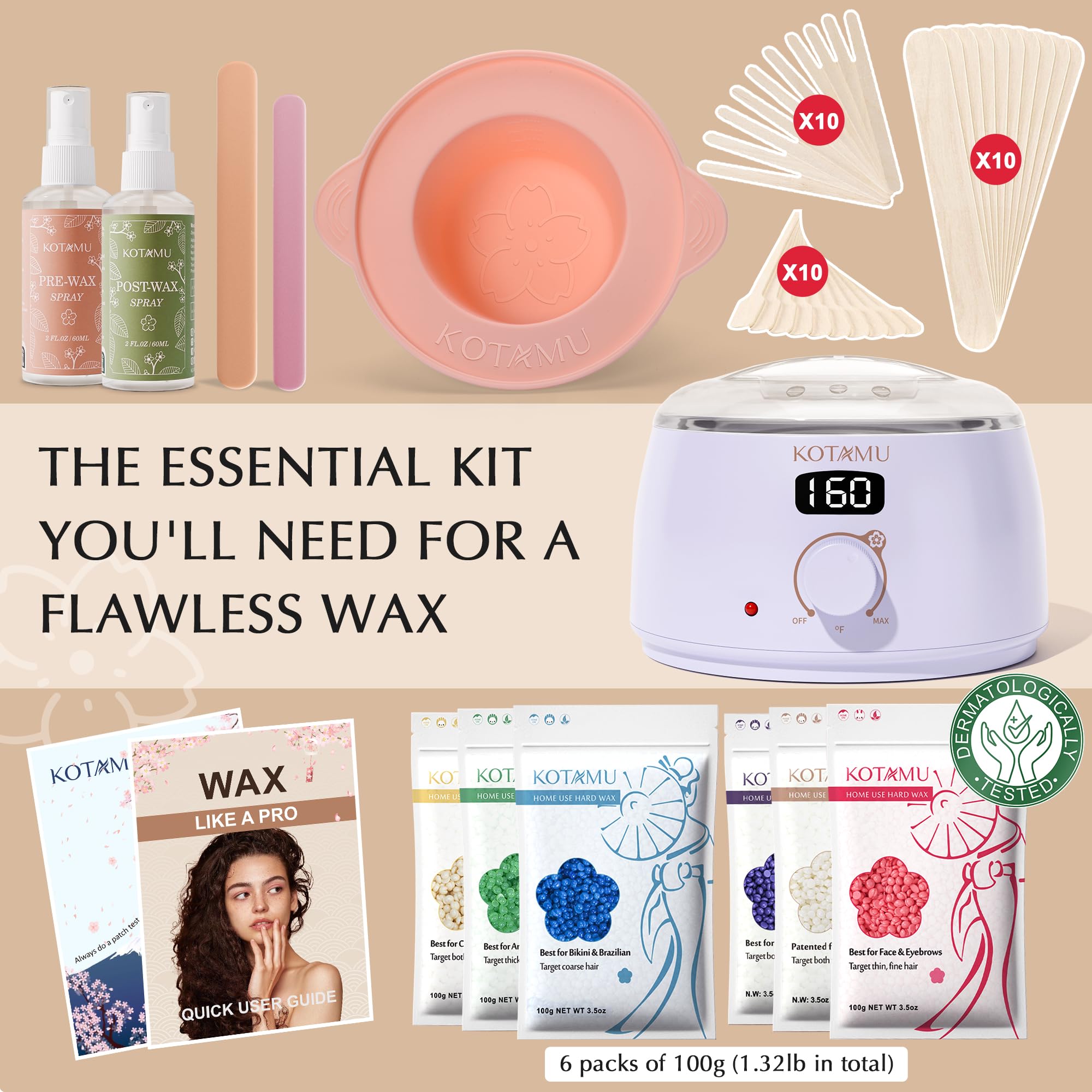 KOTAMU Waxing Kit for Women & Men, Wax Warmer for Hair Removal, Digital Wax Kit with SiliconePot，Ideal for Face Eyebrow Arm Legs Armpit &Sensitive Skin, Purple Waxing Machine With 44 Accessories
