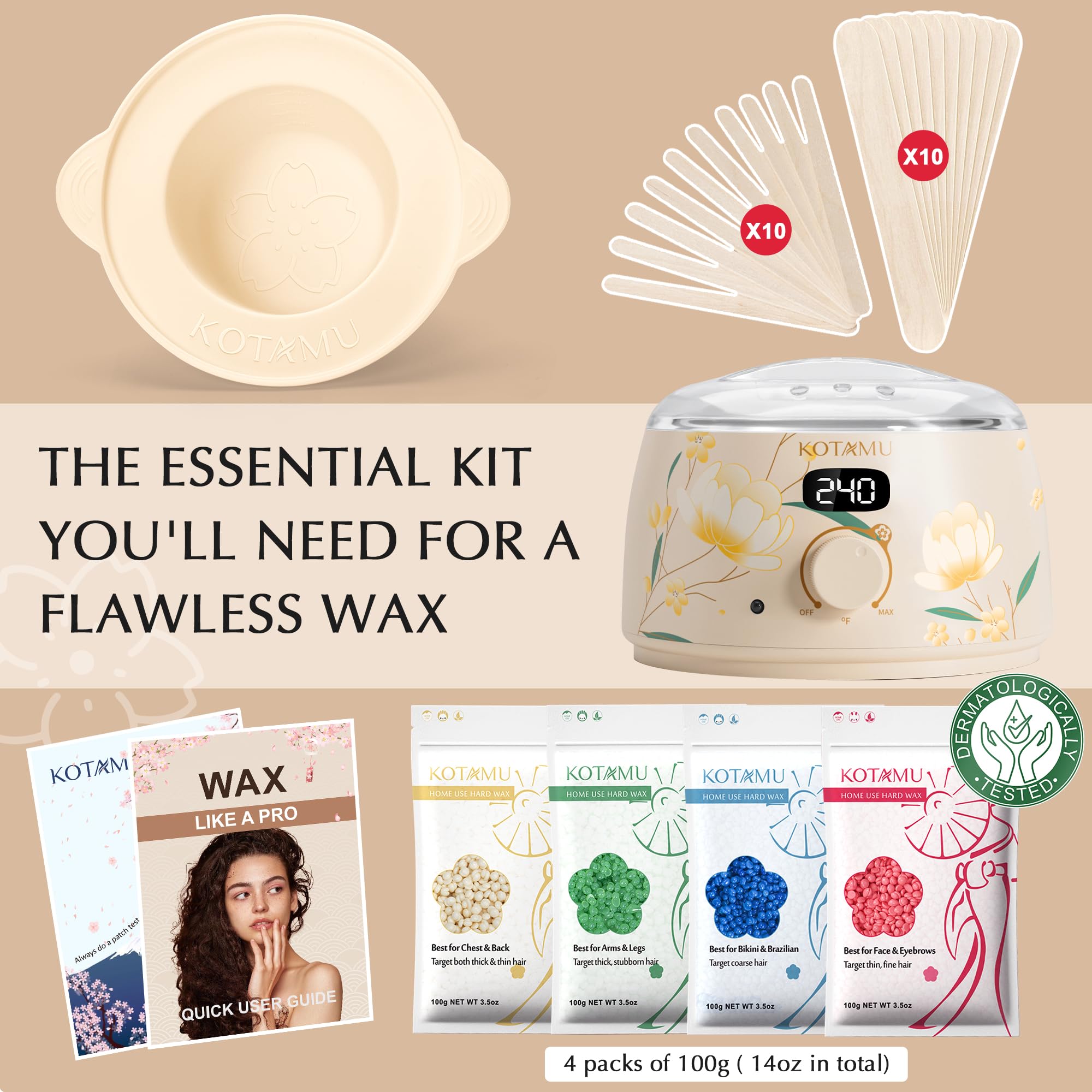 KOTAMU Waxing Kit for Women & Men, Wax Warmer for Hair Removal, Digital Wax Kit with Silicone Pot，Ideal for Face Eyebrow Arm Legs Armpit &Sensitive Skin, Bloomy Waxing Machine for Home Salon Use