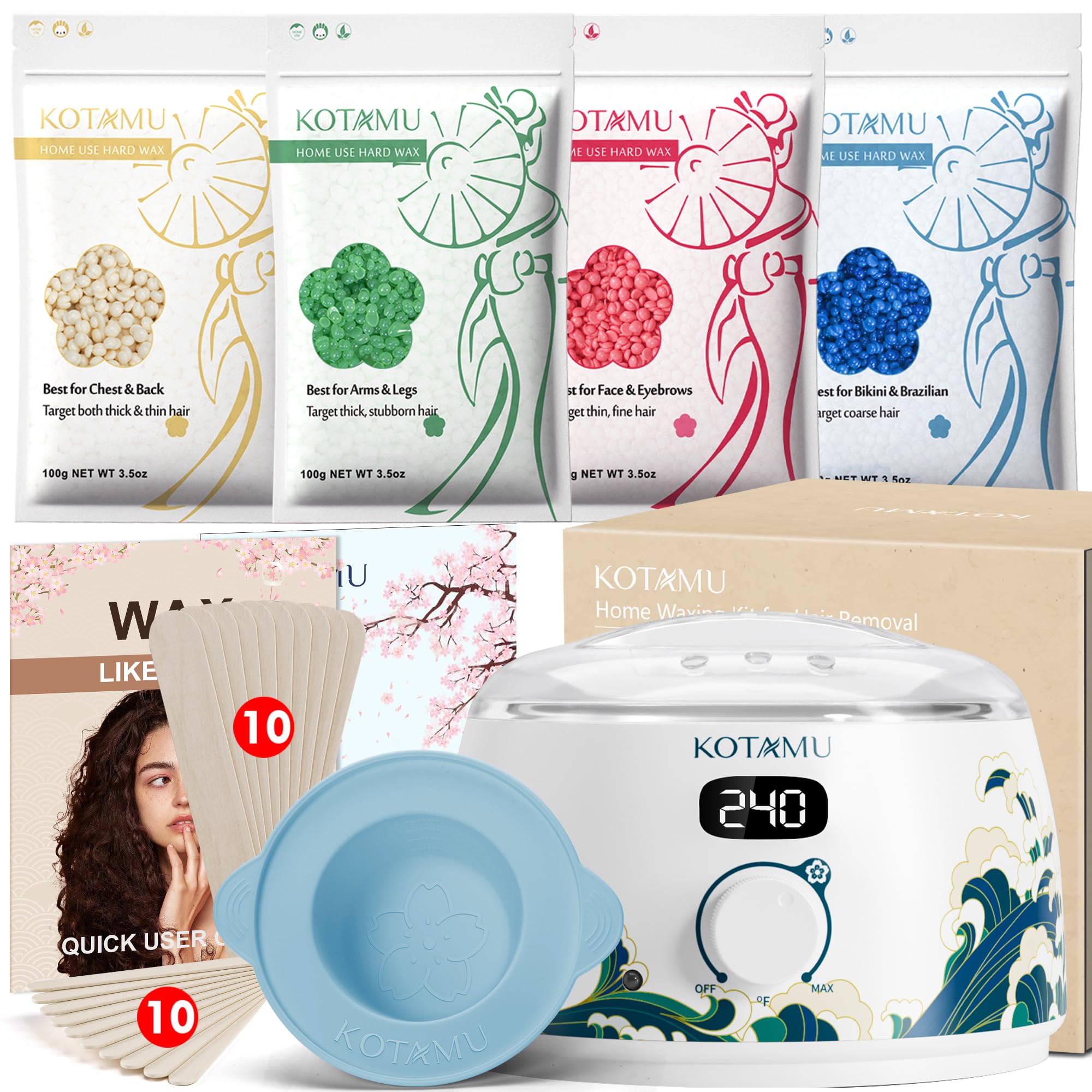 KOTAMU Waxing Kit for Women & Men, Wax Warmer for Hair Removal, Digital Wax Kit with Silicone Pot，Ideal for Face Eyebrow Arm Legs Armpit &Sensitive Skin, Wavi Waxing Machine for Home Salon Use